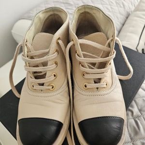 CHANEL 36.5 Lace Up "CC" Brown Beige Suede Moto Biker Ankle Boots original $1200